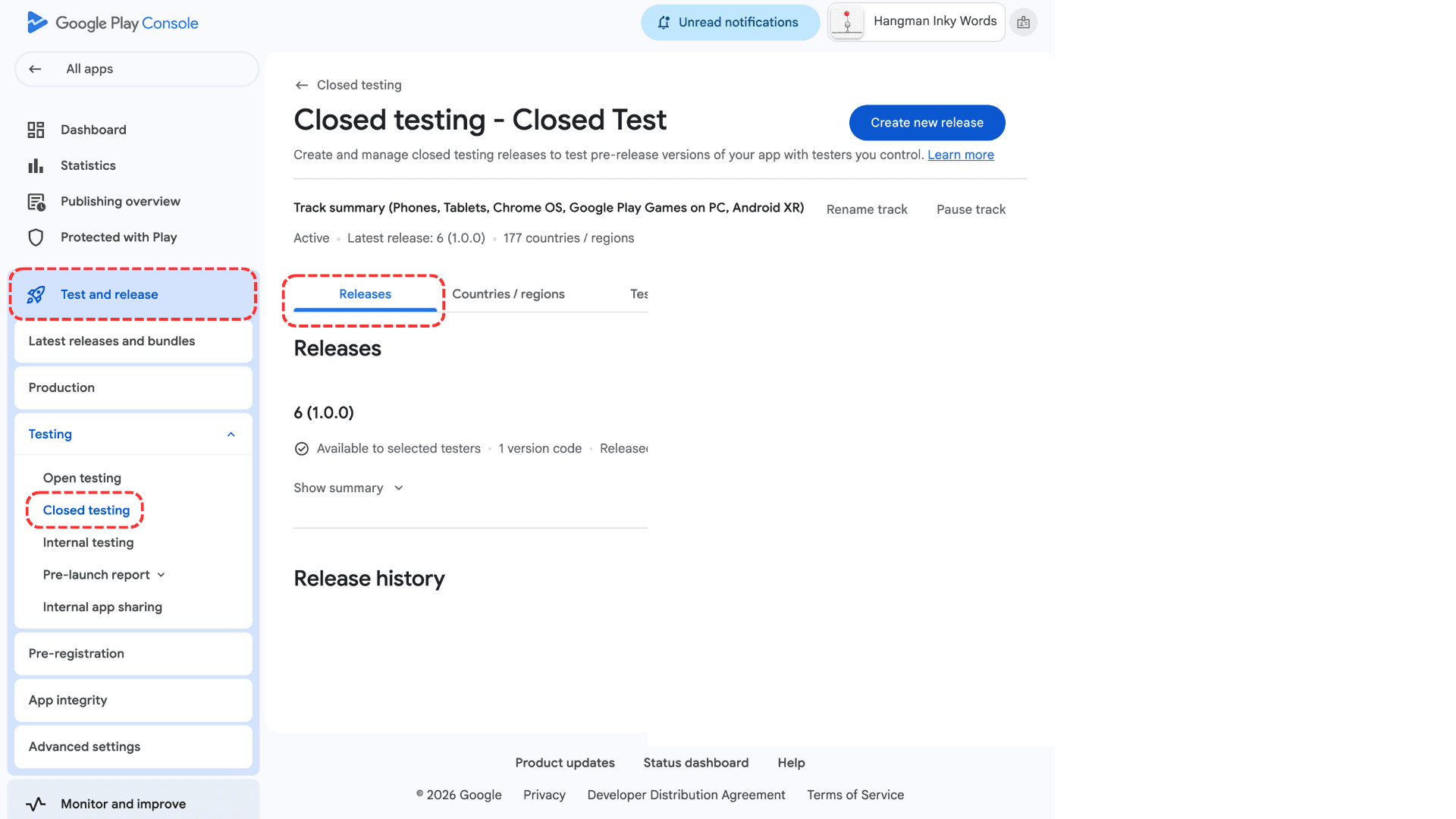 Google Play Console with Test and release and Closed testing highlighted