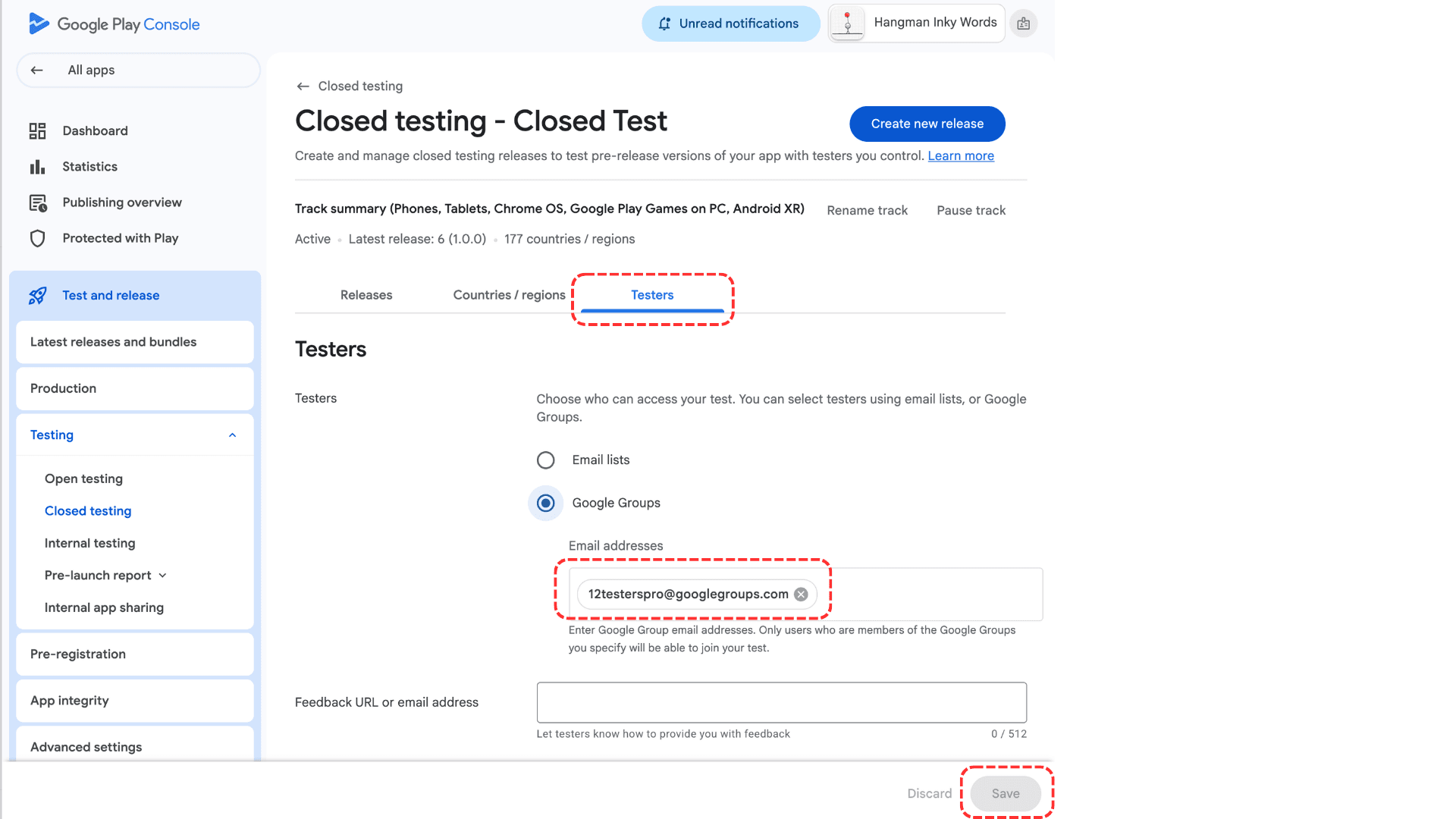 Testers tab with Google Groups selected and the tester group email added