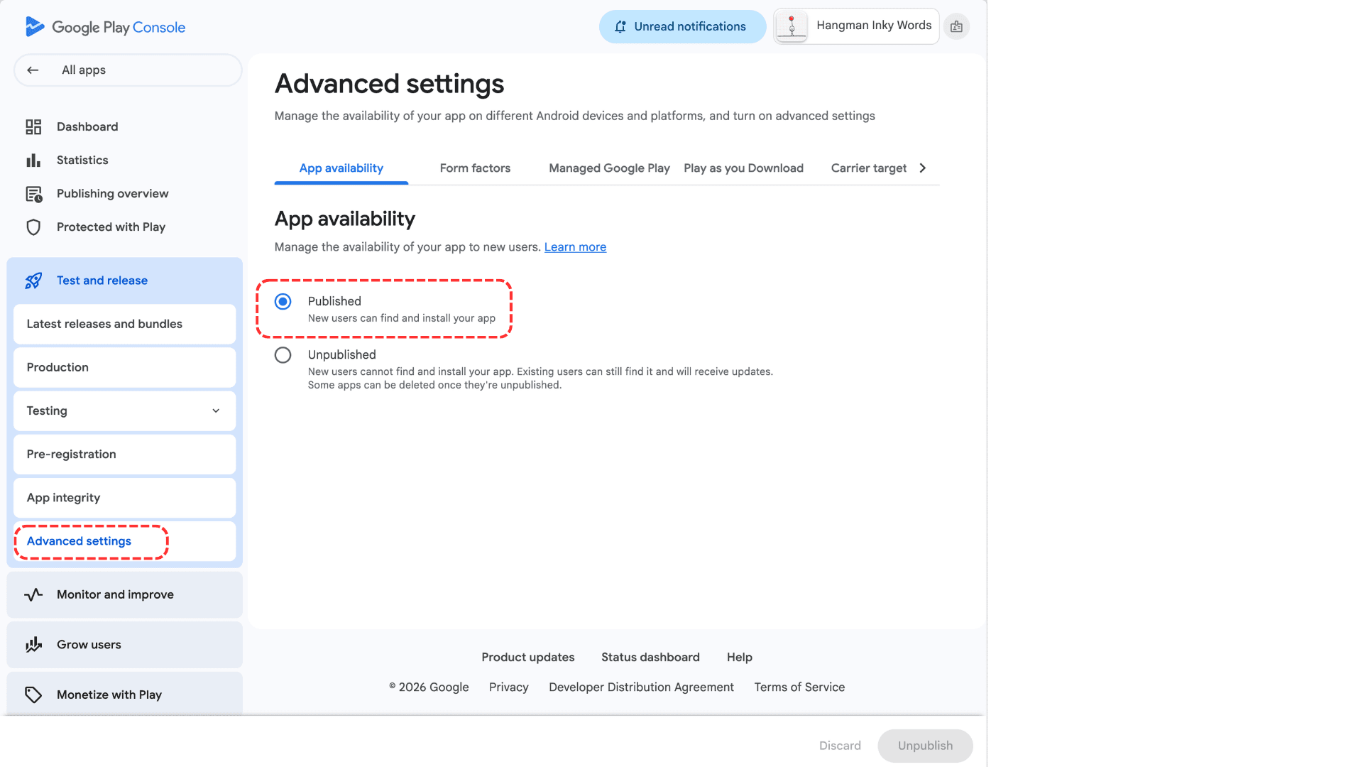 Advanced settings, App availability set to Published