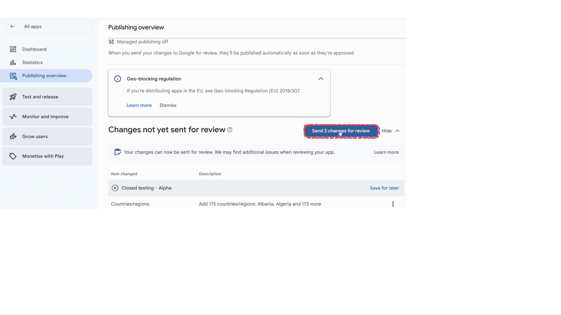 Publishing overview with the Send changes for review button highlighted